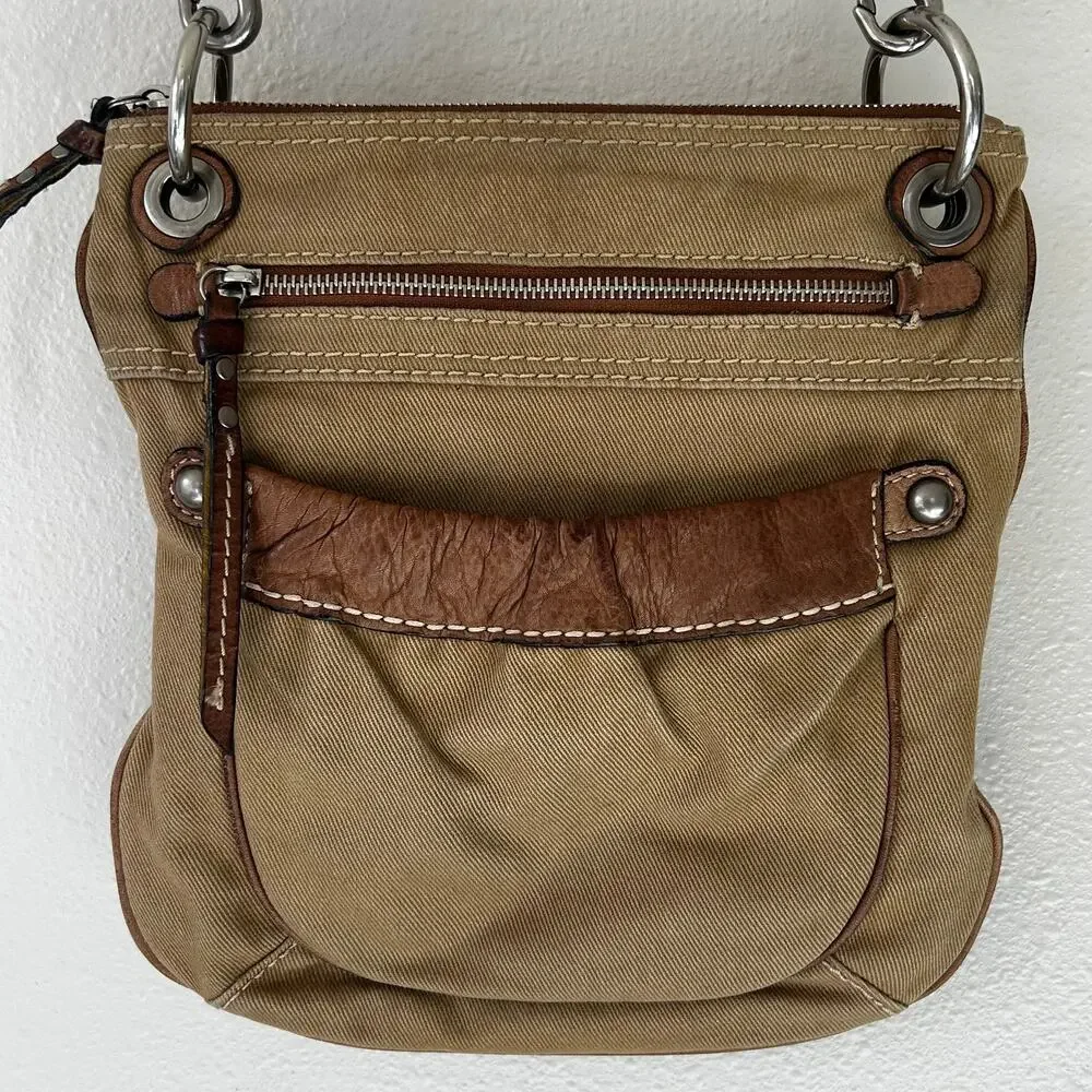 Vintage Fossil Canvas Leather Crossbody Bag Tan Utility Y2K Boho Messenger Purse